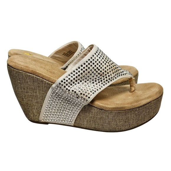 Thong Wedge Sandals Gold Sparkly Rhinestone Slip_On Shoes #330 - Picture 1 of 8